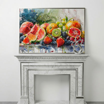 Summer Fruits Still Life Canvas Art, Watercolor Kitchen Wall Decor in silver floating frame
