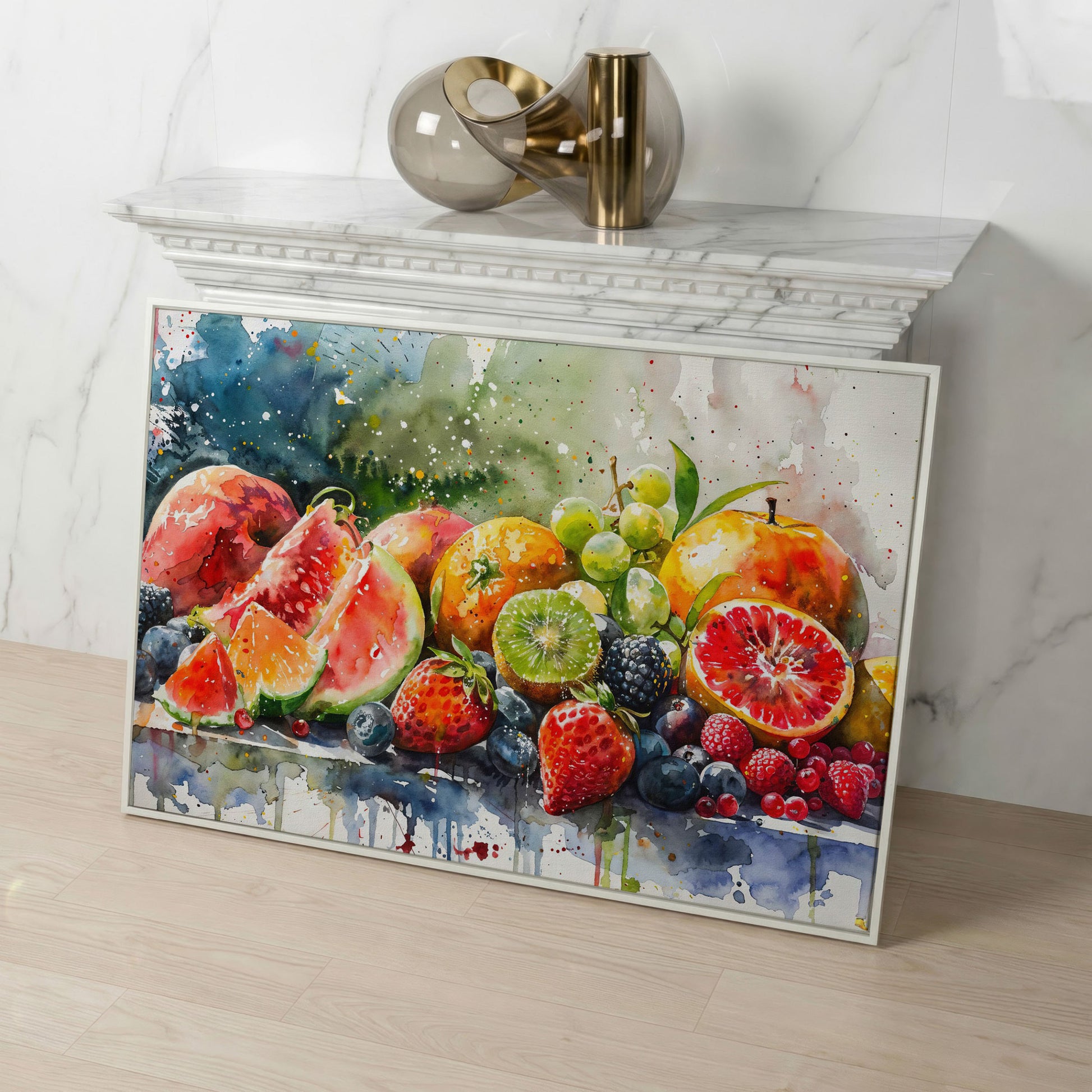 Summer Fruits Still Life Canvas Art, Watercolor Kitchen Wall Decor in white floating frame