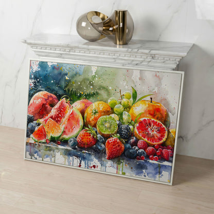 Summer Fruits Still Life Canvas Art, Watercolor Kitchen Wall Decor in white floating frame