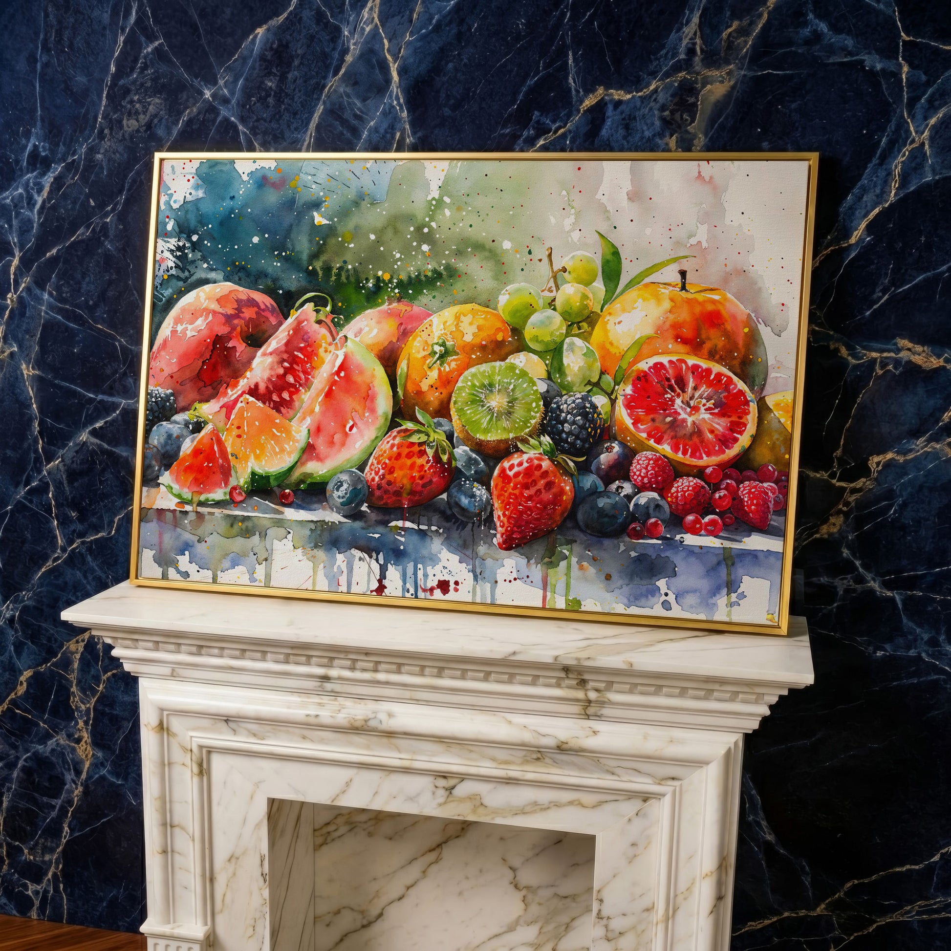 Summer Fruits Still Life Canvas Art, Watercolor Kitchen Wall Decor in yellow gold floating frame