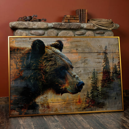 Intense Bear Portrait Canvas in antique gold floating frame