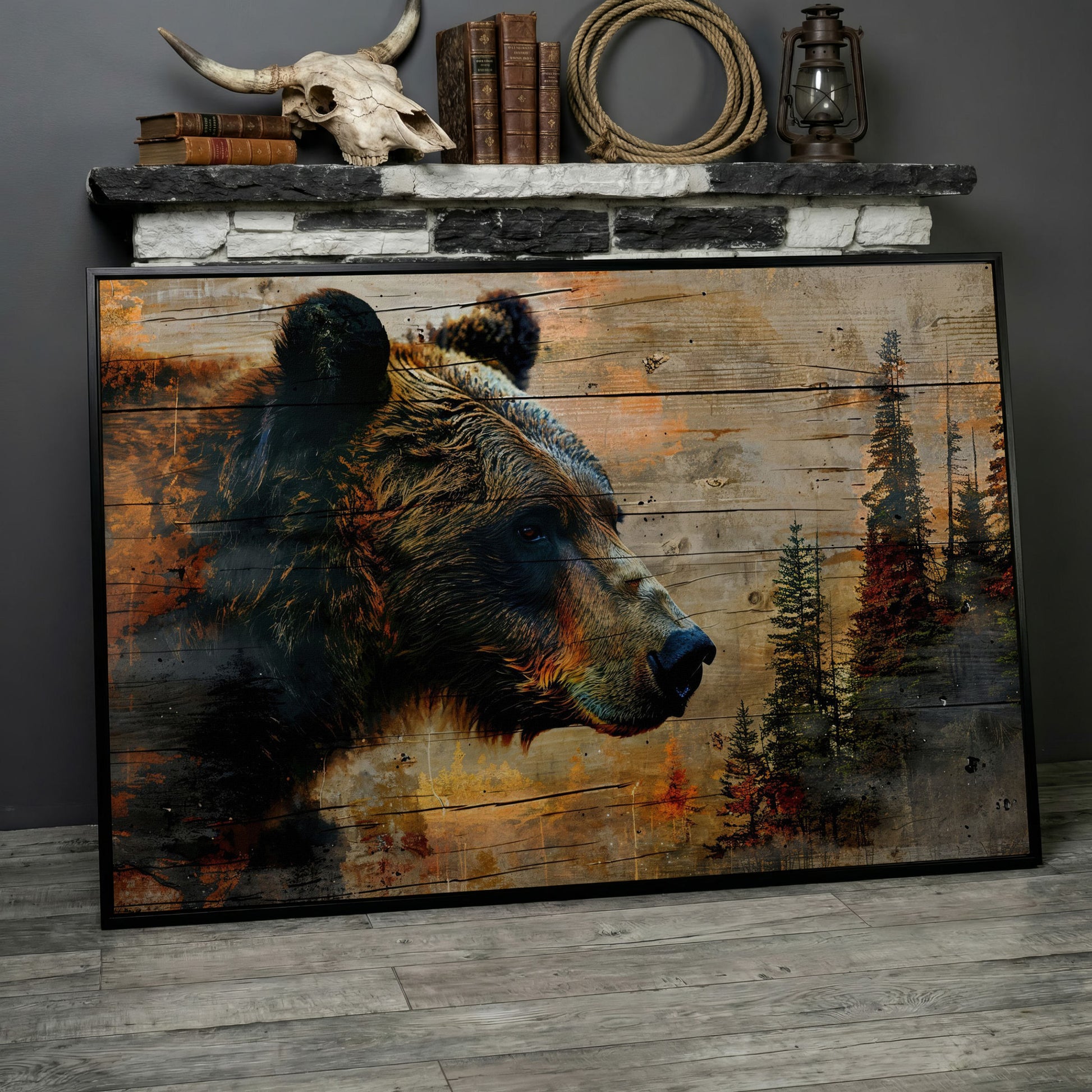Intense Bear Portrait Canvas in black floating frame