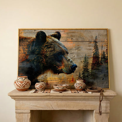 Intense Bear Portrait Canvas in white oak floating frame