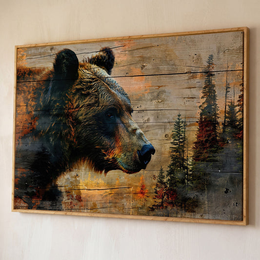 Intense Bear Portrait Canvas shown in white oak floating frame