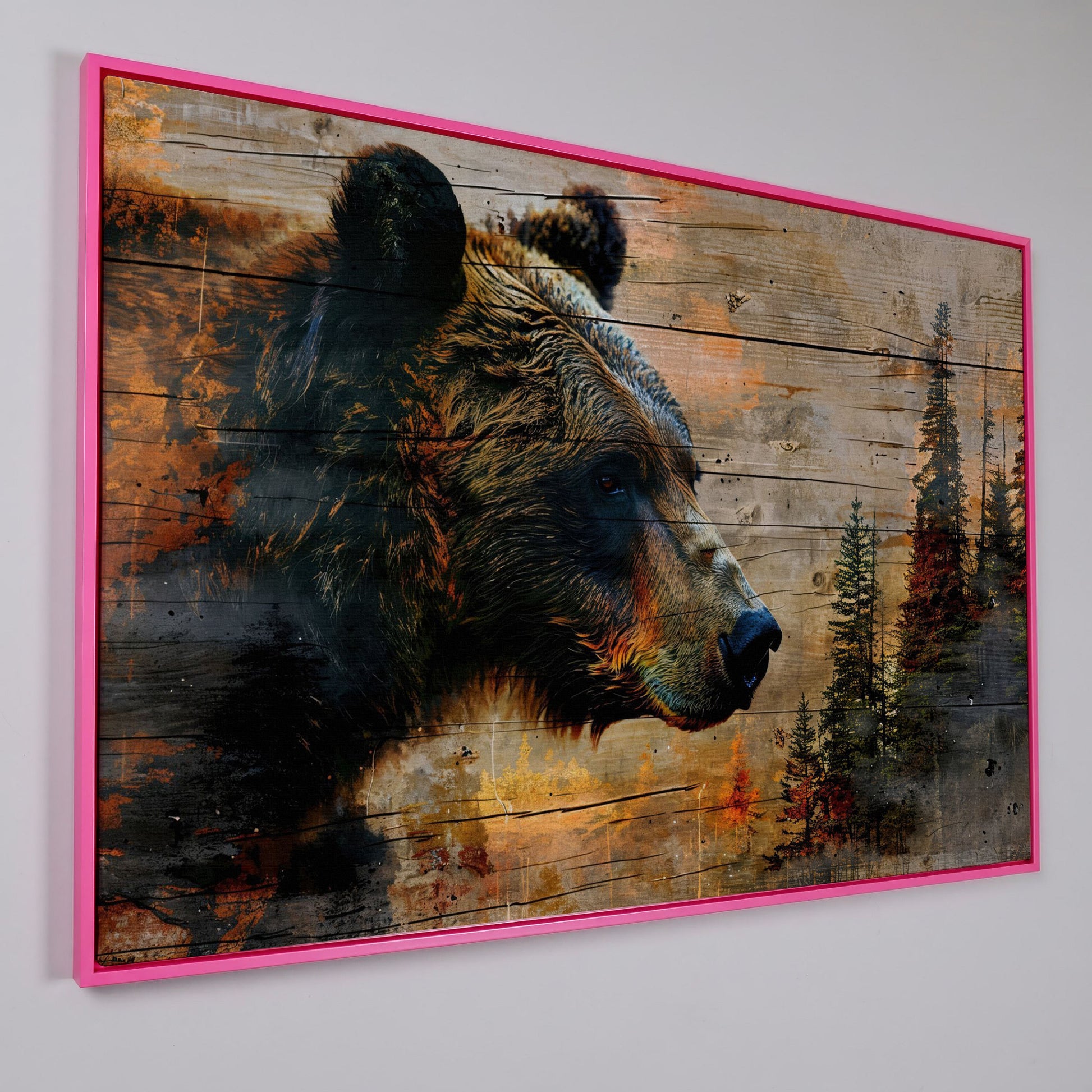 Intense Bear Portrait Canvas in pink floating frame