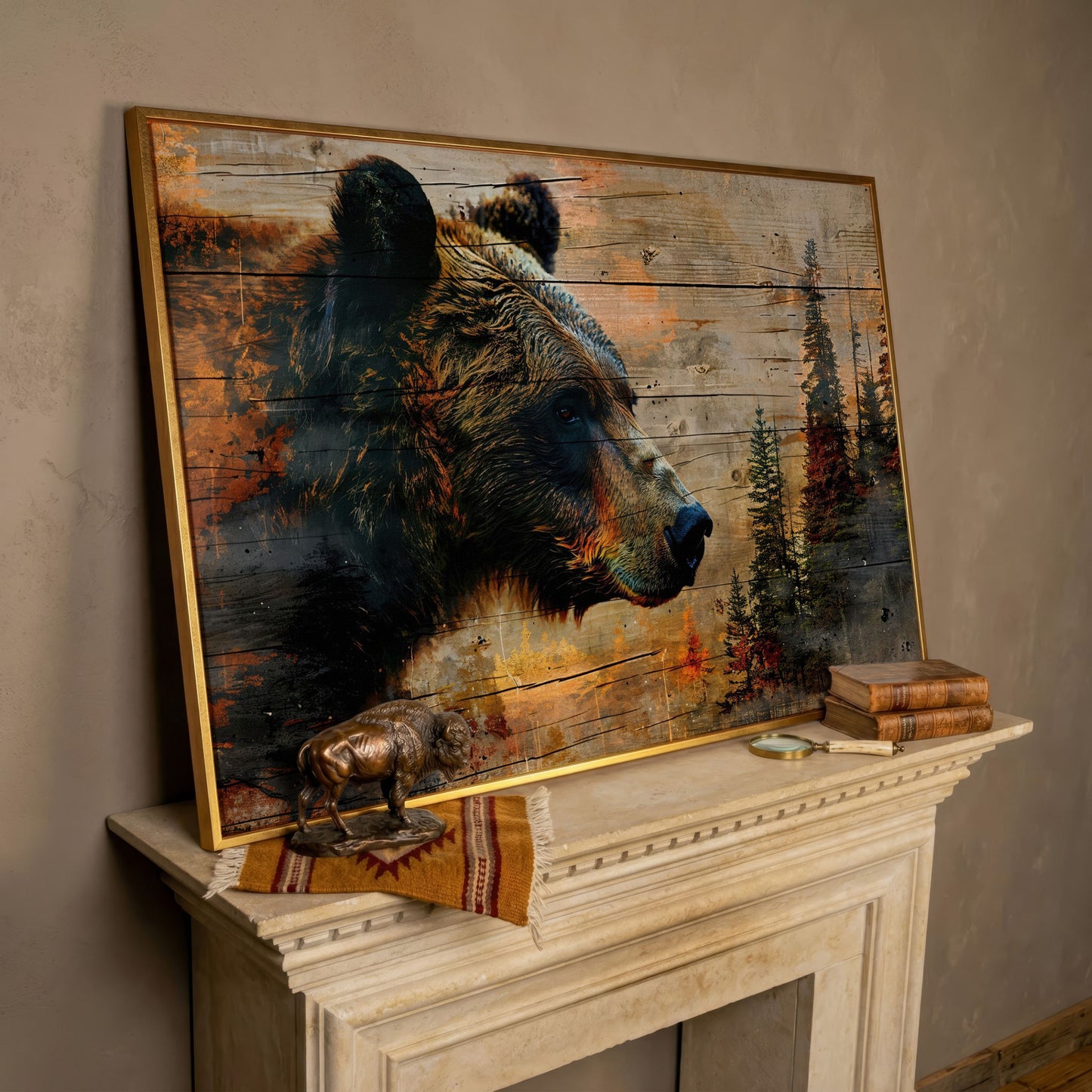 Intense Bear Portrait Canvas in rose gold floating frame