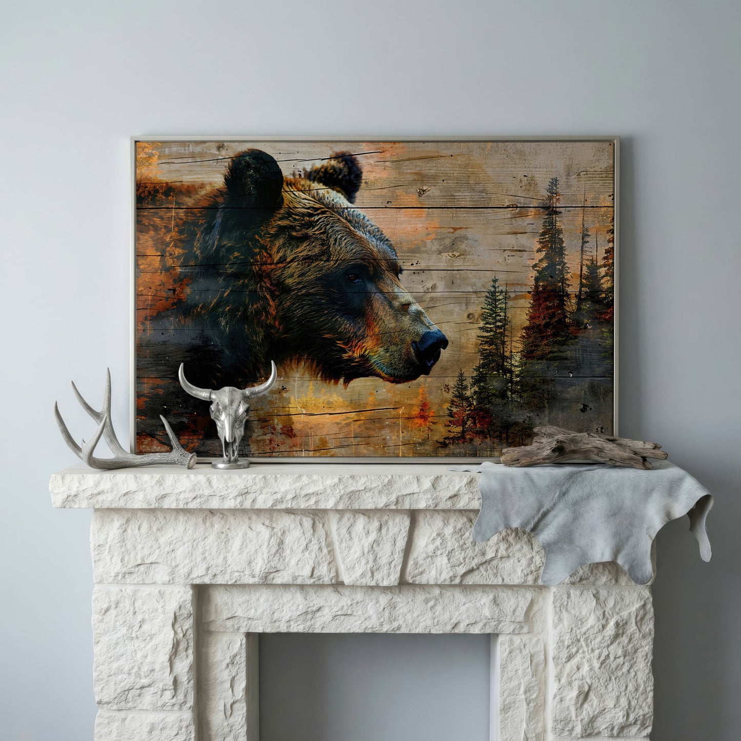 Intense Bear Portrait Canvas in silver floating frame