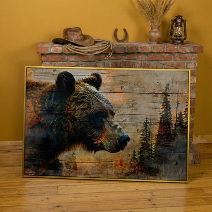 Intense Bear Portrait Canvas in yellow gold floating frame