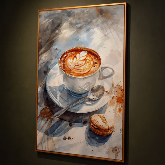 Coffee with Dessert Watercolor Canvas shown in antique gold floating frame