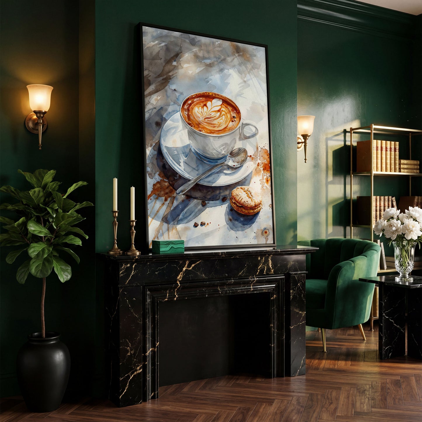 Coffee with Dessert Watercolor Canvas in black floating frame