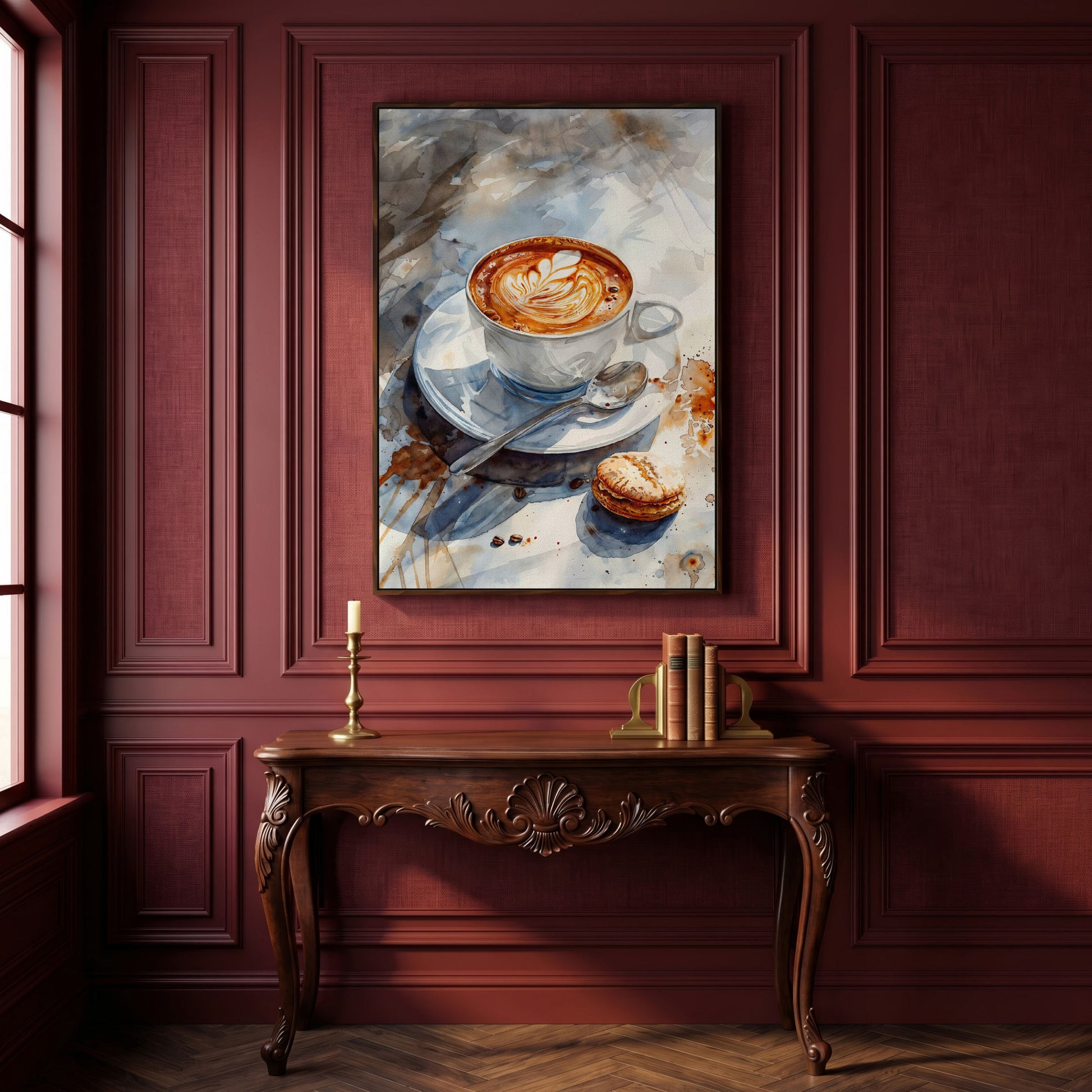 Coffee with Dessert Watercolor Canvas in dark walnut floating frame