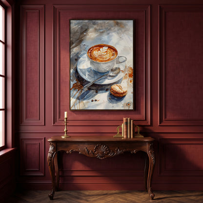 Coffee with Dessert Watercolor Canvas in dark walnut floating frame