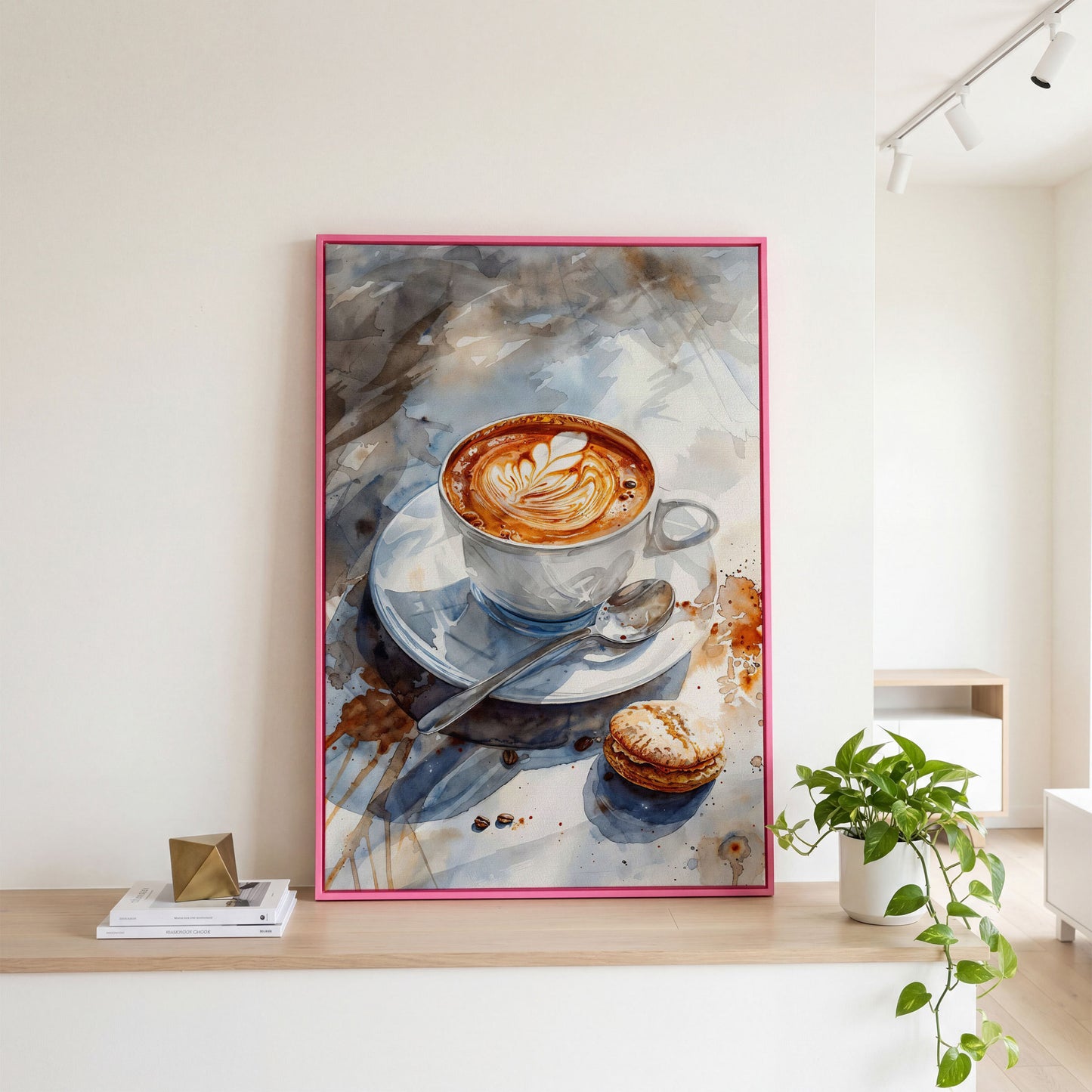 Coffee with Dessert Watercolor Canvas in pink floating frame