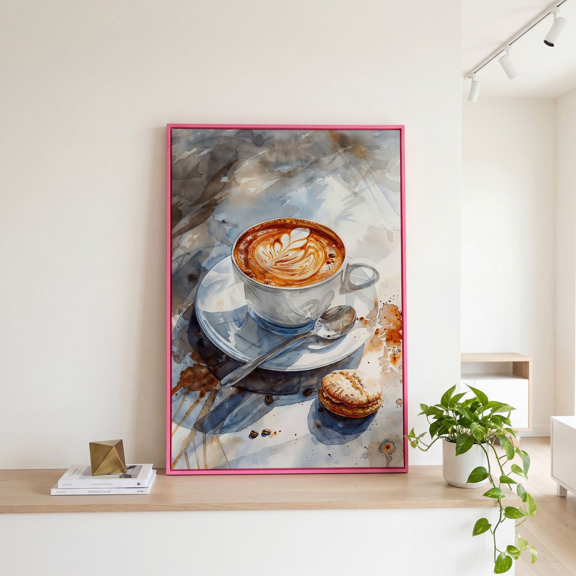 Coffee with Dessert Watercolor Canvas in pink floating frame