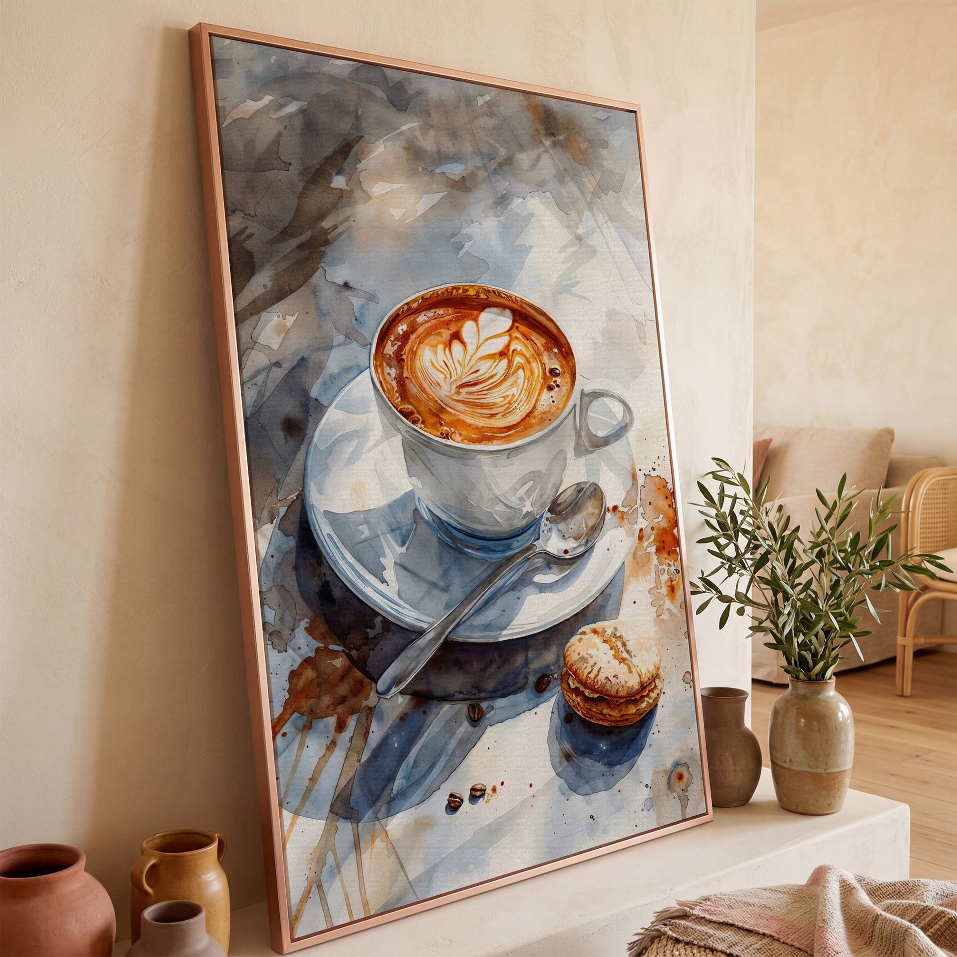 Coffee with Dessert Watercolor Canvas in rose gold floating frame