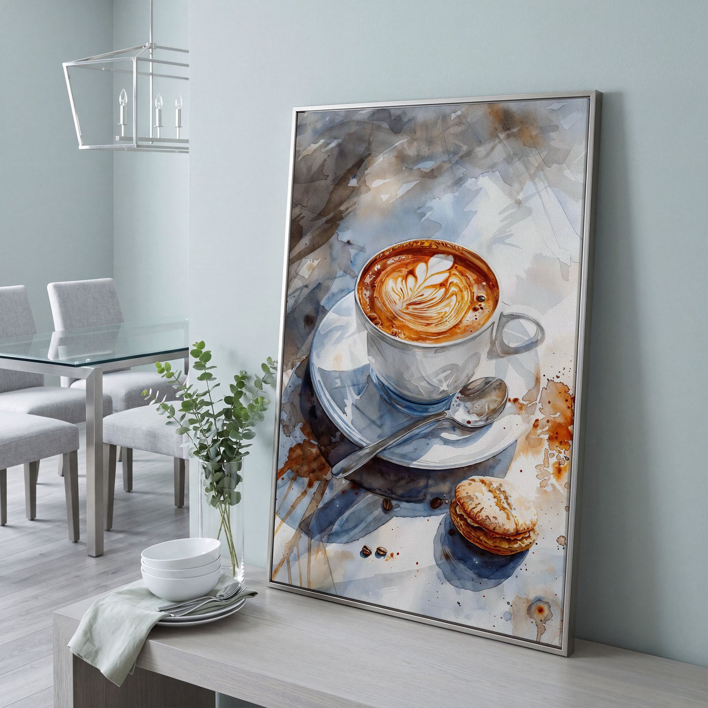 Coffee with Dessert Watercolor Canvas in silver floating frame
