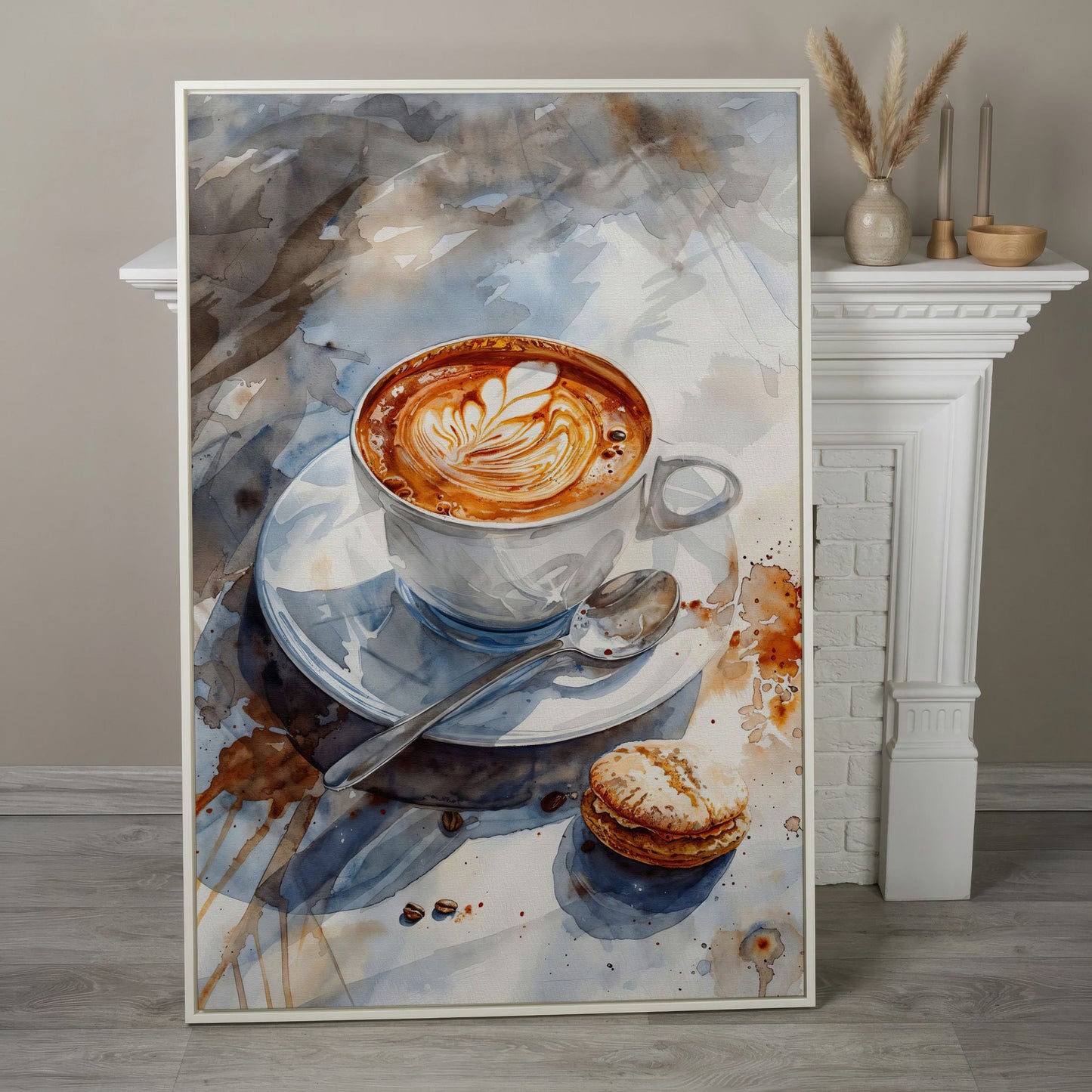 Coffee with Dessert Watercolor Canvas in white floating frame