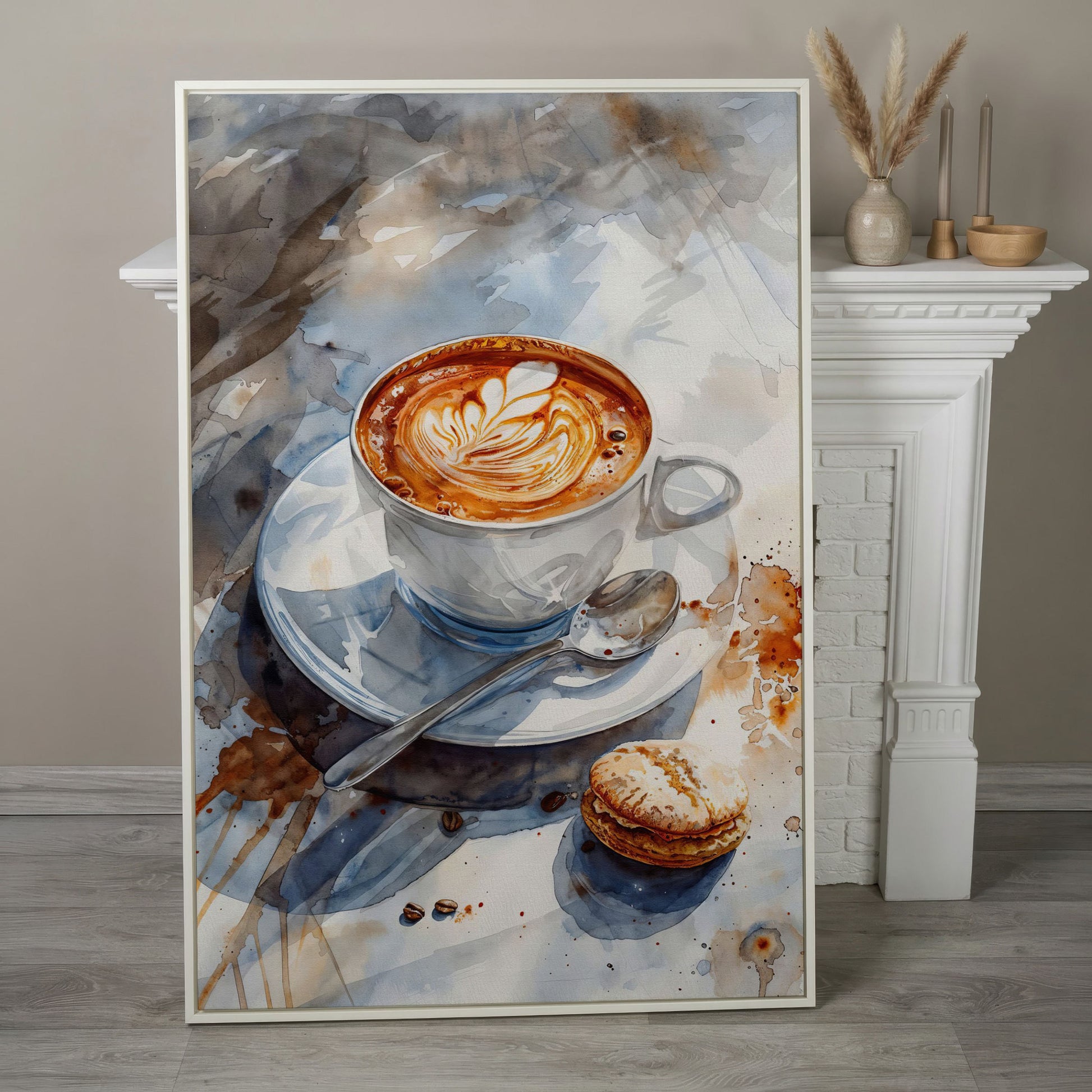 Coffee with Dessert Watercolor Canvas in white floating frame