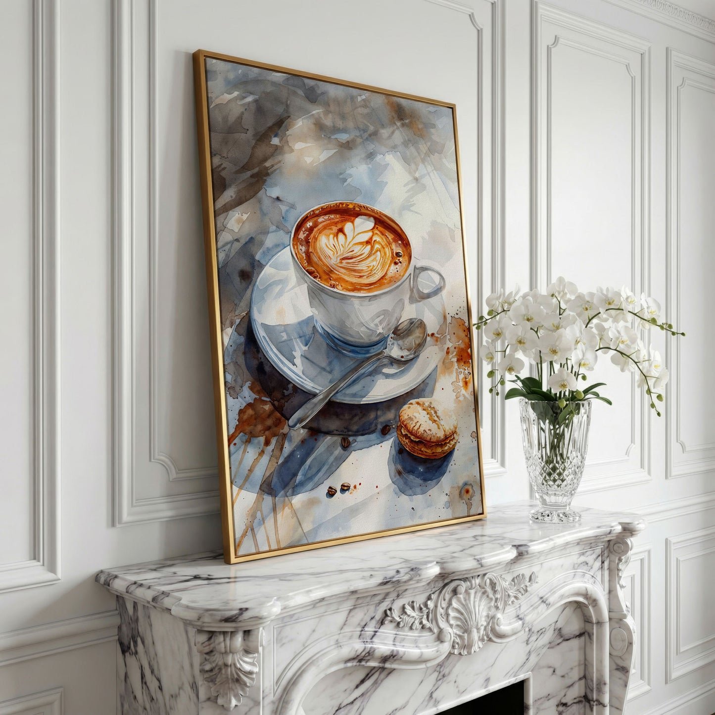 Coffee with Dessert Watercolor Canvas in yellow gold floating frame