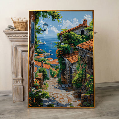 Coastal Village Canvas Art, Sailboats and Stone Streets in antique gold floating frame