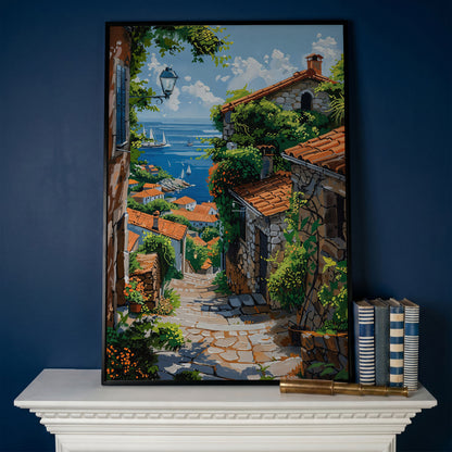 Coastal Village Canvas Art, Sailboats and Stone Streets in black floating frame