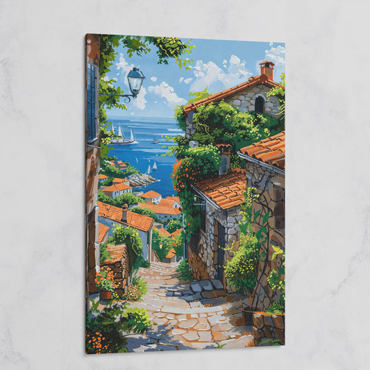 Coastal Village Canvas Art, Sailboats and Stone Streets on gallery wrap