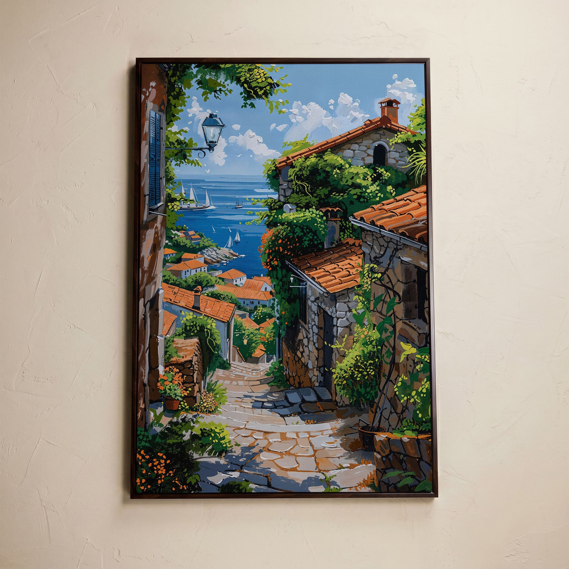 Coastal Village Canvas Art, Sailboats and Stone Streets in dark walnut floating frame