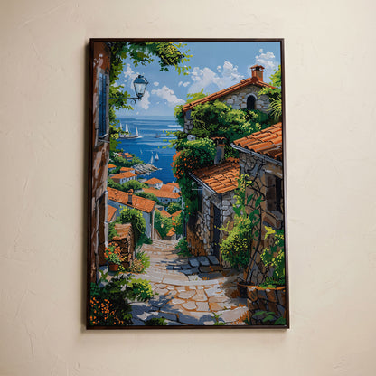 Coastal Village Canvas Art, Sailboats and Stone Streets in dark walnut floating frame