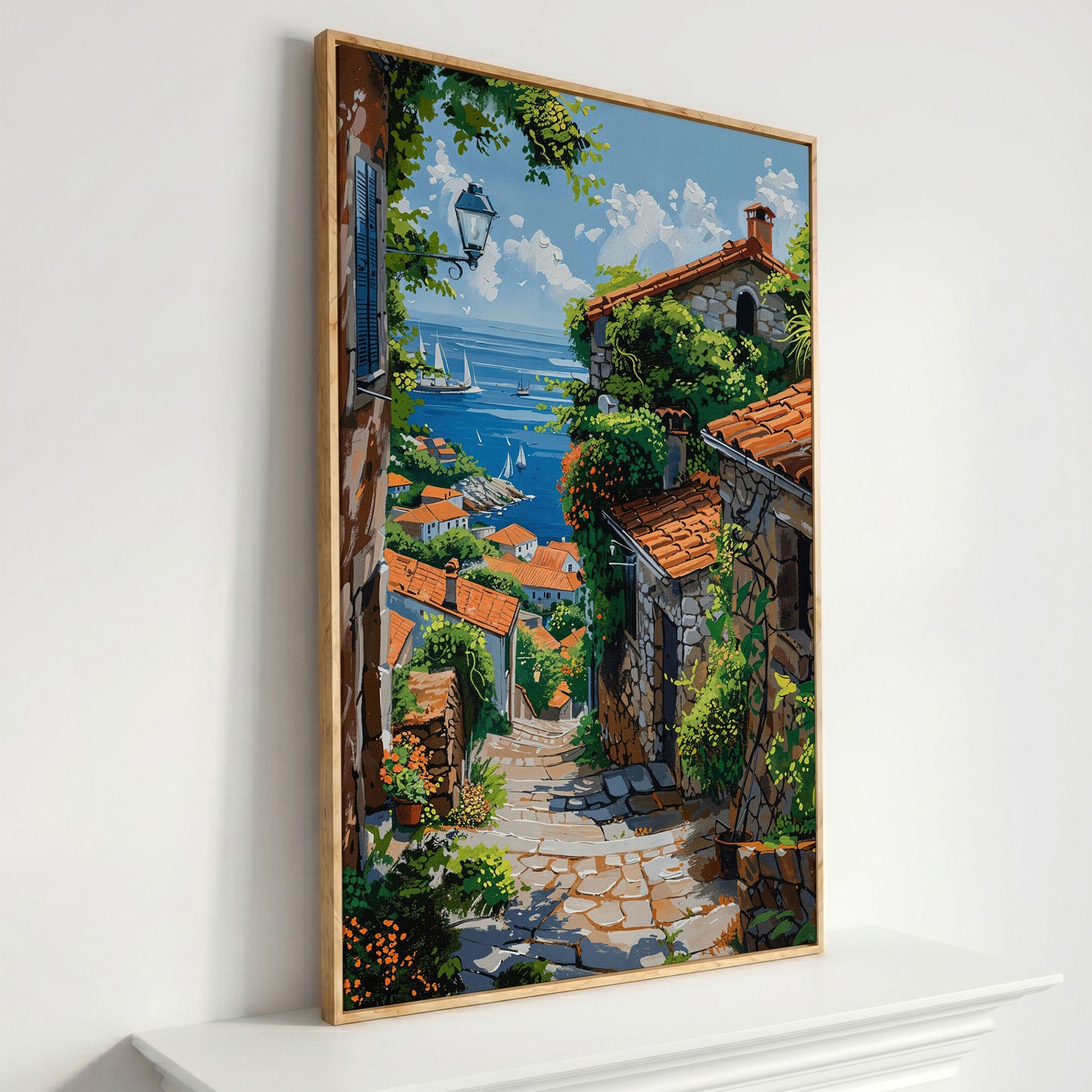 Coastal Village Canvas Art, Sailboats and Stone Streets in white oak floating frame