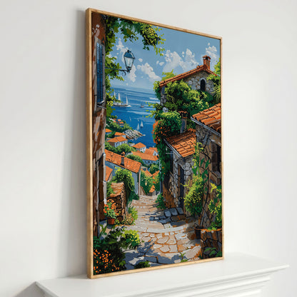 Coastal Village Canvas Art, Sailboats and Stone Streets in white oak floating frame