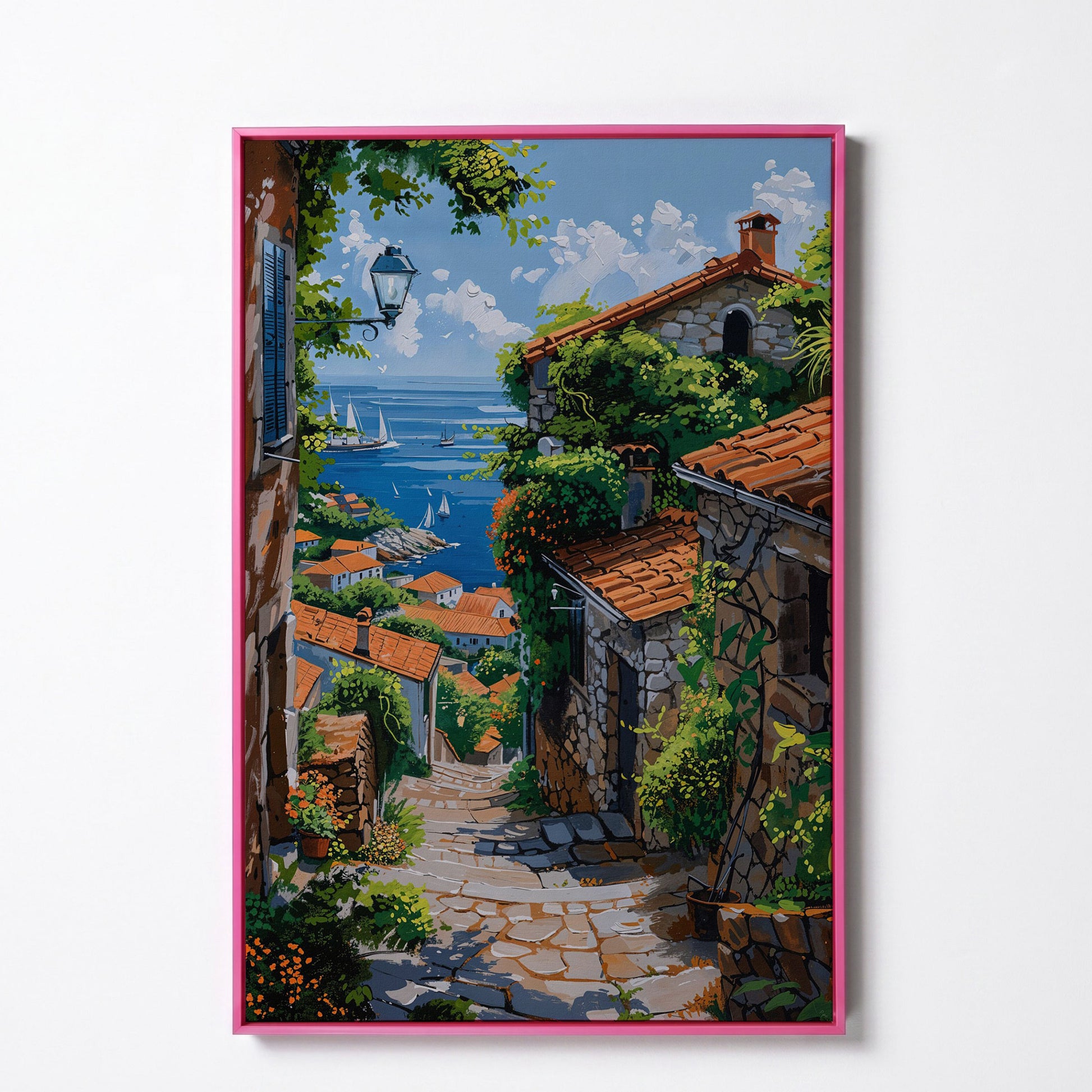 Coastal Village Canvas Art, Sailboats and Stone Streets in pink floating frame