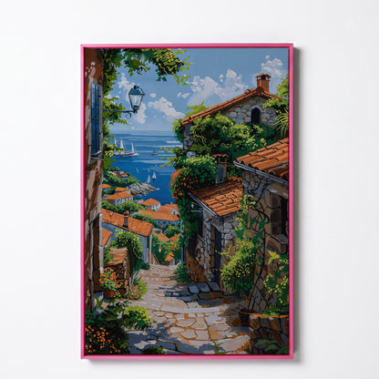Coastal Village Canvas Art, Sailboats and Stone Streets in pink floating frame