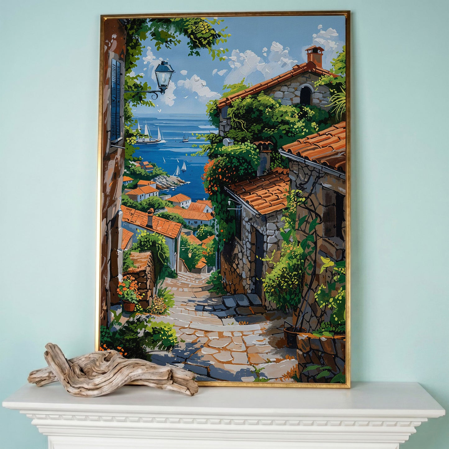 Coastal Village Canvas Art, Sailboats and Stone Streets in rose gold floating frame