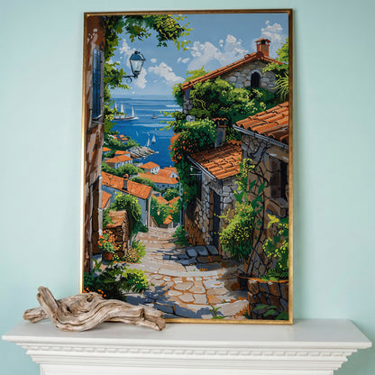Coastal Village Canvas Art, Sailboats and Stone Streets in rose gold floating frame
