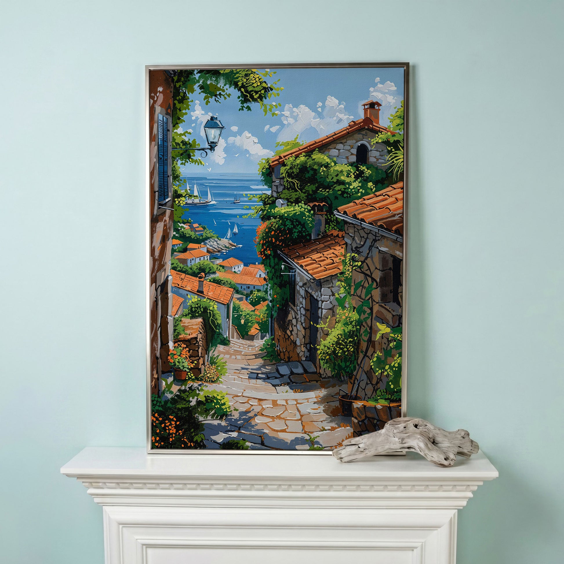 Coastal Village Canvas Art, Sailboats and Stone Streets in silver floating frame