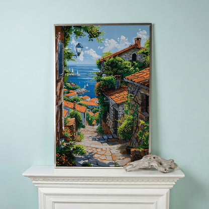 Coastal Village Canvas Art, Sailboats and Stone Streets in silver floating frame