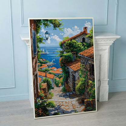 Coastal Village Canvas Art, Sailboats and Stone Streets in white floating frame
