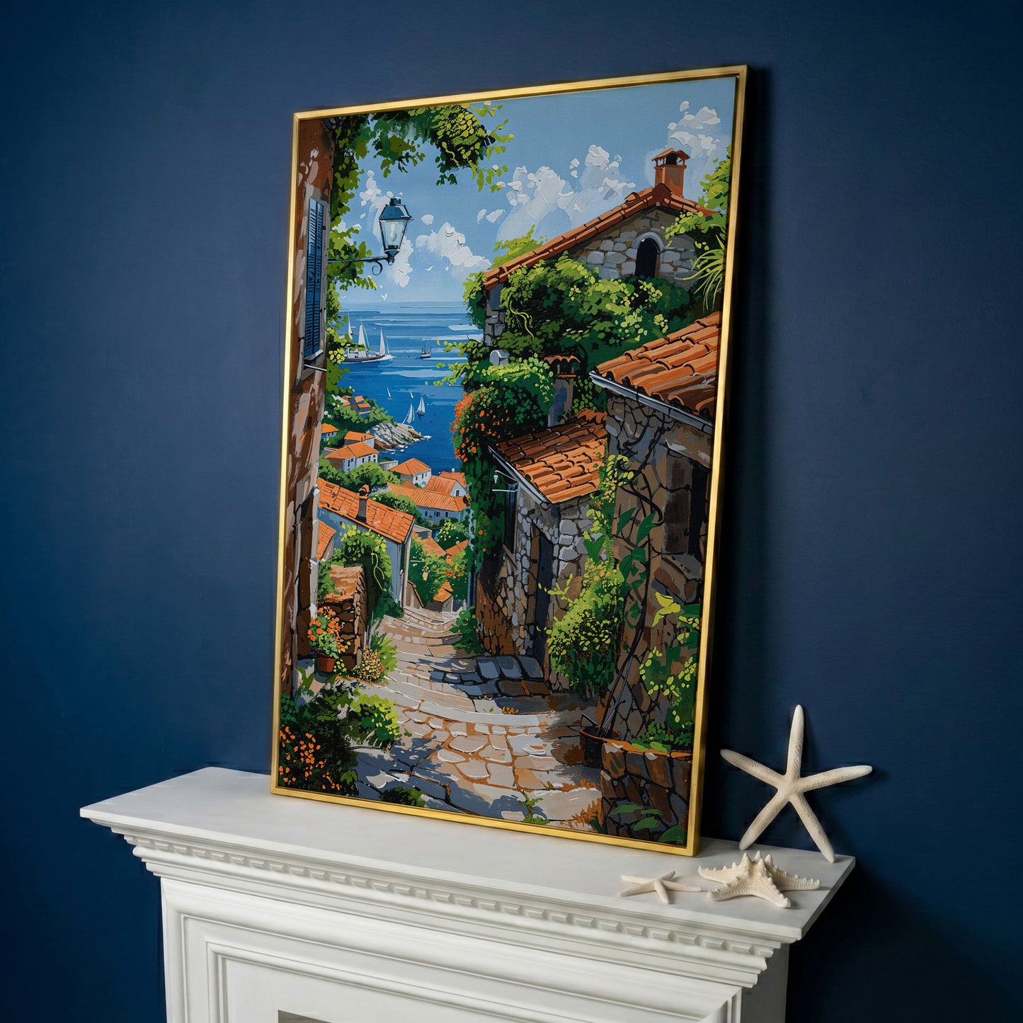 Coastal Village Canvas Art, Sailboats and Stone Streets in yellow gold floating frame