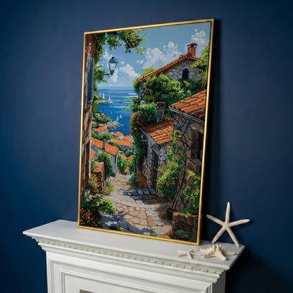 Coastal Village Canvas Art, Sailboats and Stone Streets in yellow gold floating frame