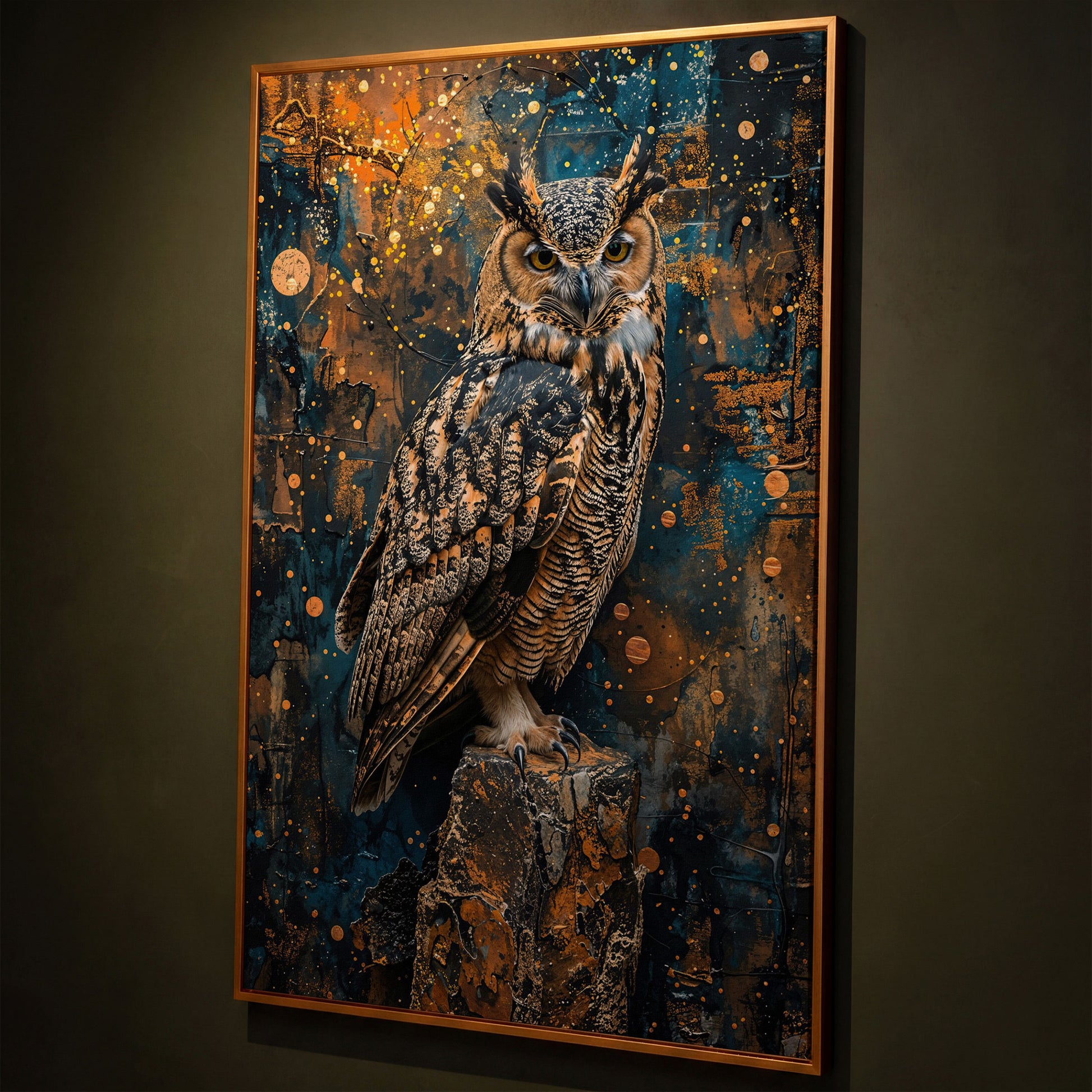 Owl on a Rock, Abstract Circle Background Canvas Wall Art shown in antique gold floating frame