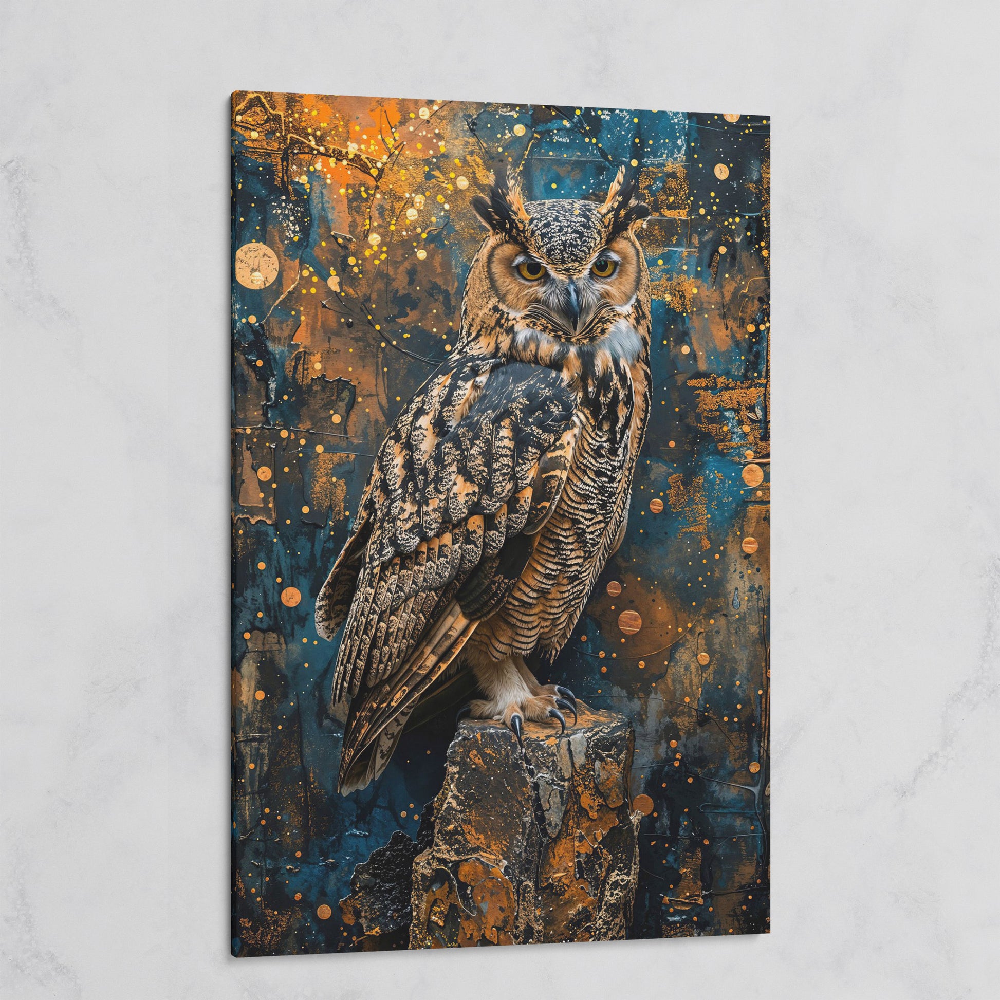 Owl on a Rock, Abstract Circle Background Canvas Wall Art on gallery wrap