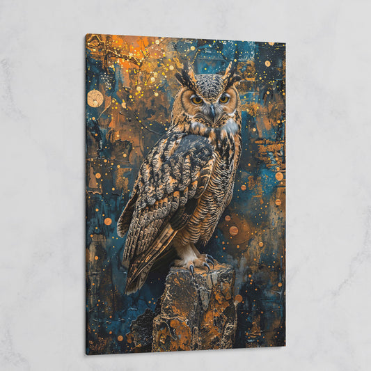 Owl on a Rock, Abstract Circle Background Canvas Wall Art on gallery wrap