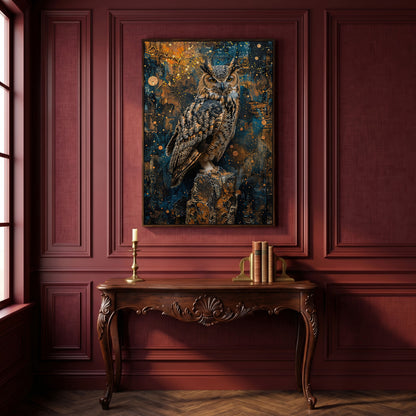 Owl on a Rock, Abstract Circle Background Canvas Wall Art in dark walnut floating frame