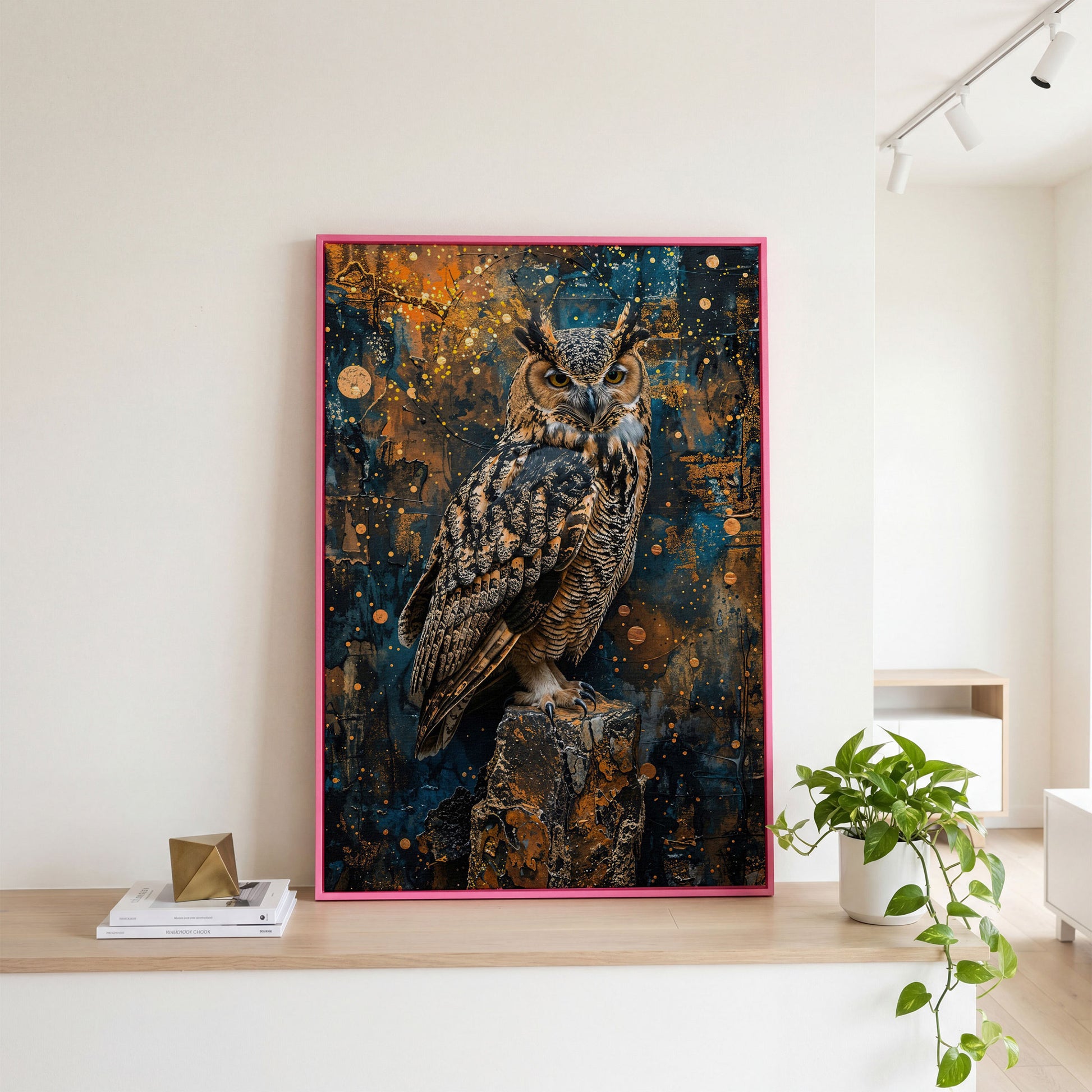 Owl on a Rock, Abstract Circle Background Canvas Wall Art in pink floating frame