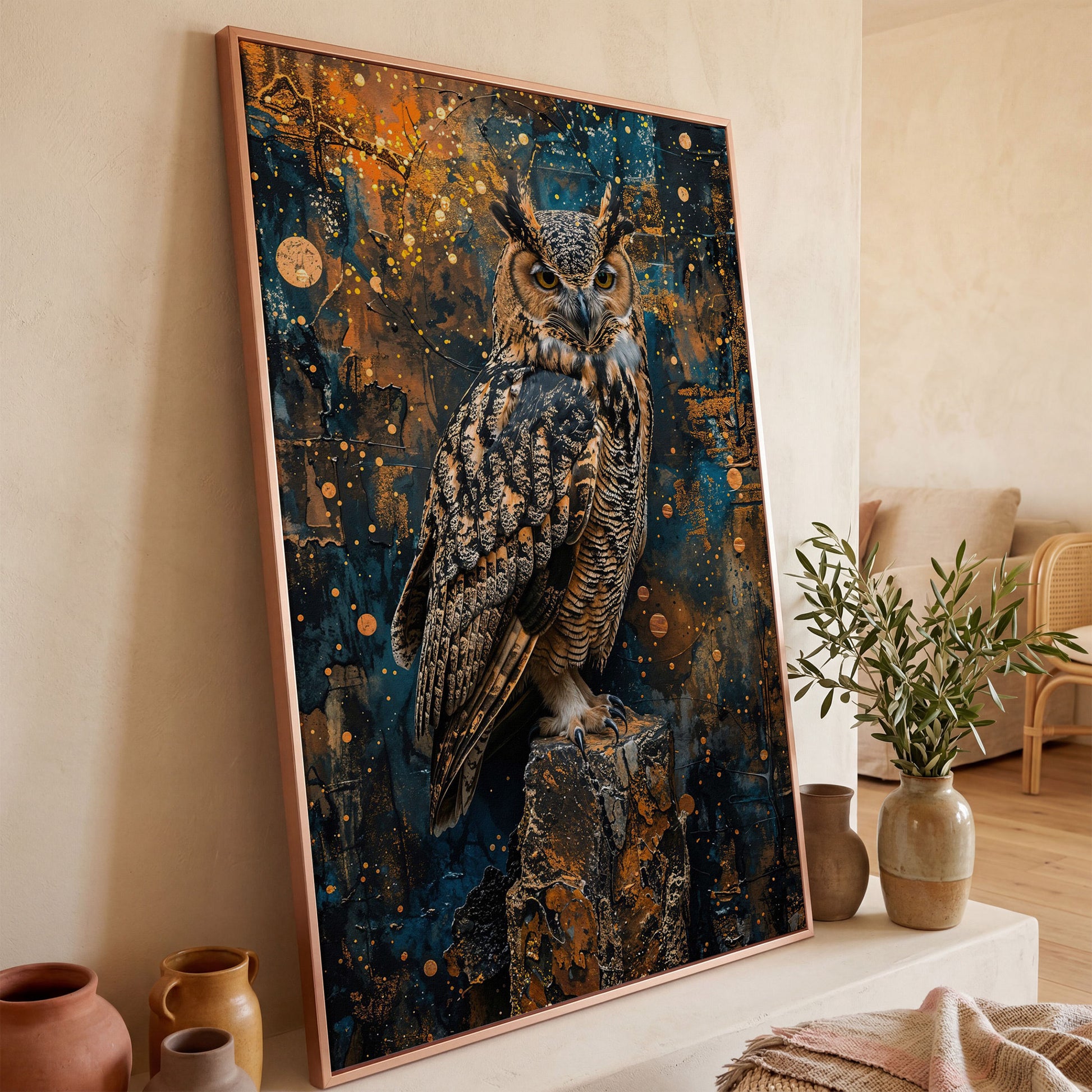 Owl on a Rock, Abstract Circle Background Canvas Wall Art in rose gold floating frame