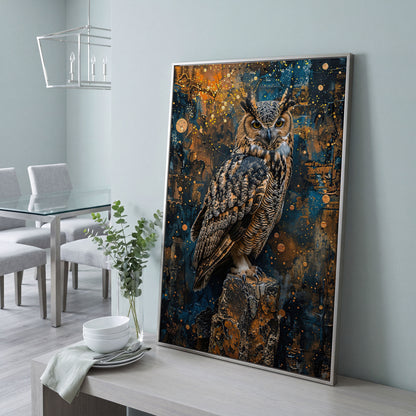 Owl on a Rock, Abstract Circle Background Canvas Wall Art in silver floating frame