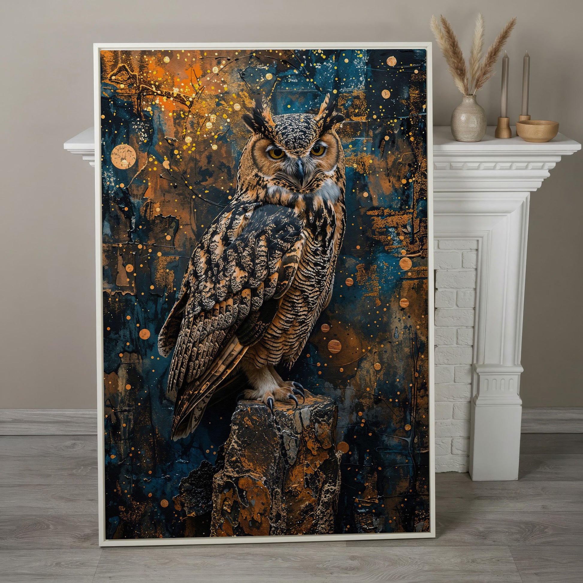 Owl on a Rock, Abstract Circle Background Canvas Wall Art in white floating frame