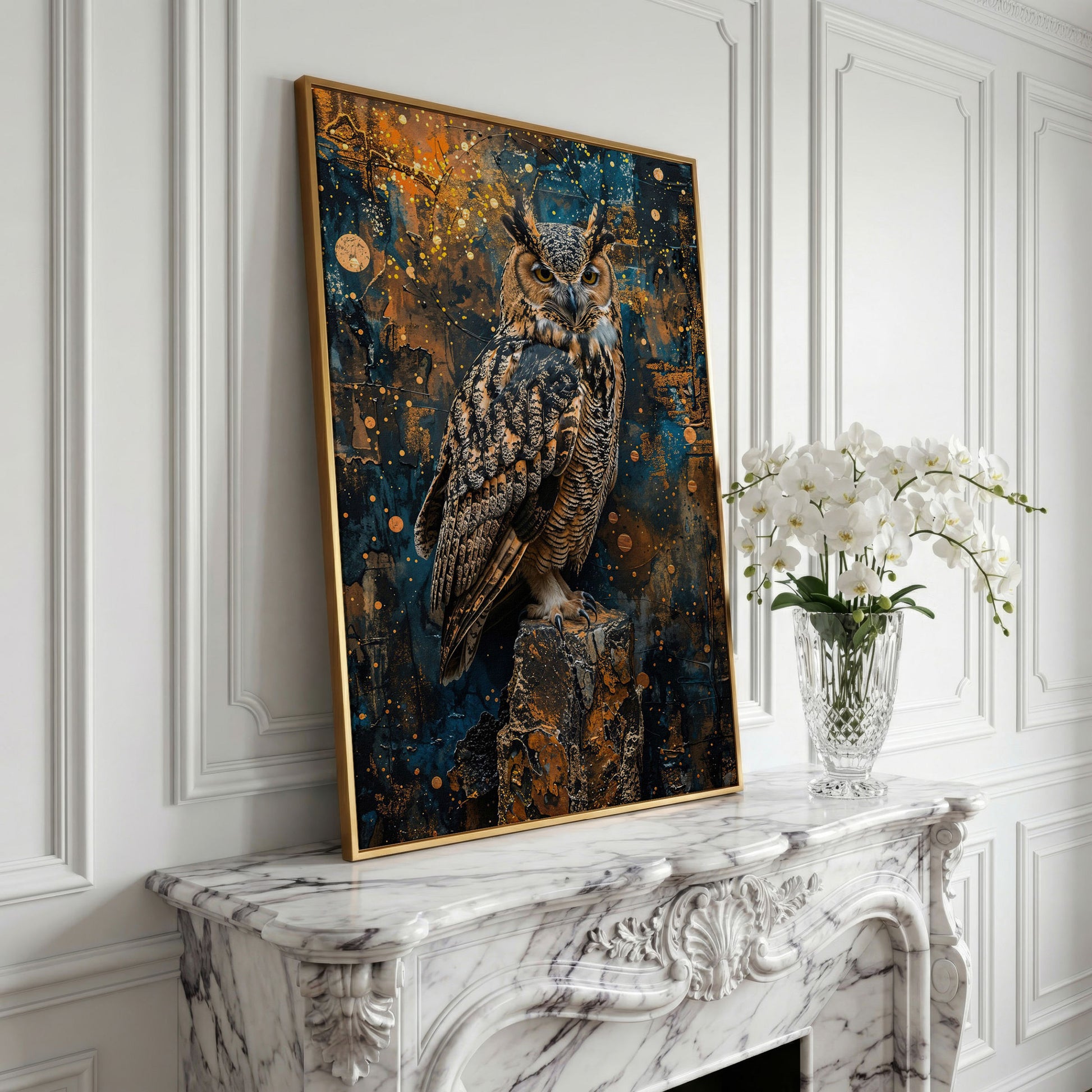 Owl on a Rock, Abstract Circle Background Canvas Wall Art in yellow gold floating frame