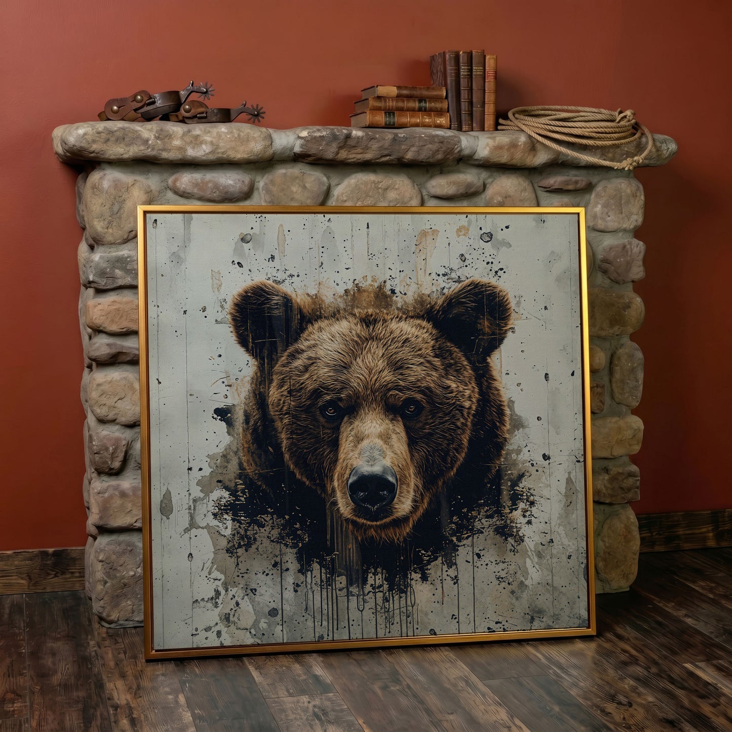 Brown Bear Face Close-Up Canvas Wall Art, Square Format in antique gold floating frame