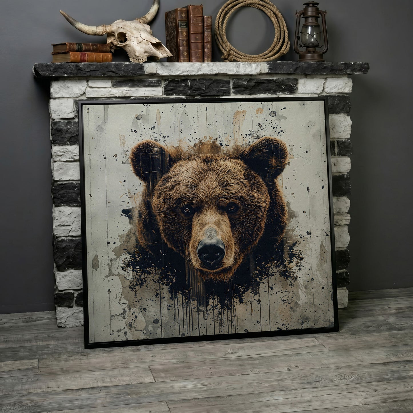 Brown Bear Face Close-Up Canvas Wall Art, Square Format in black floating frame